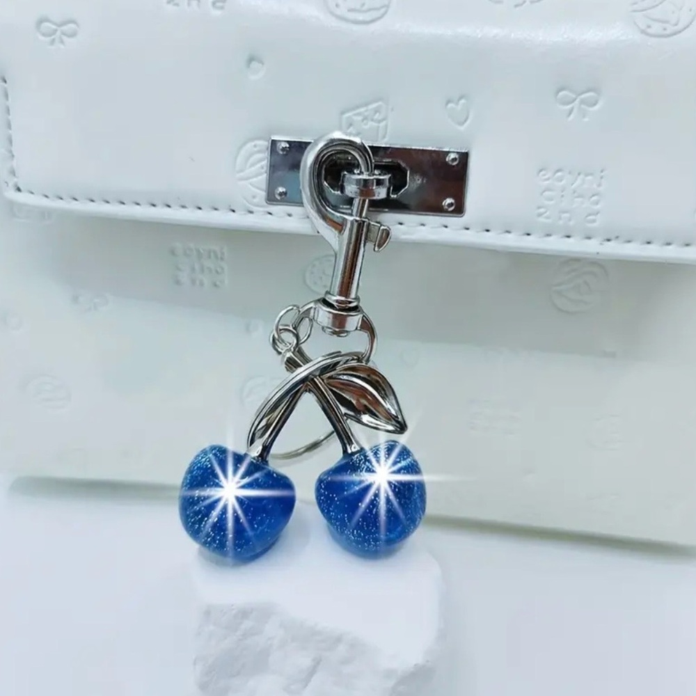 Cherries Blue & Silver Bag Charm Keychain, NEW - Picture 6 of 6